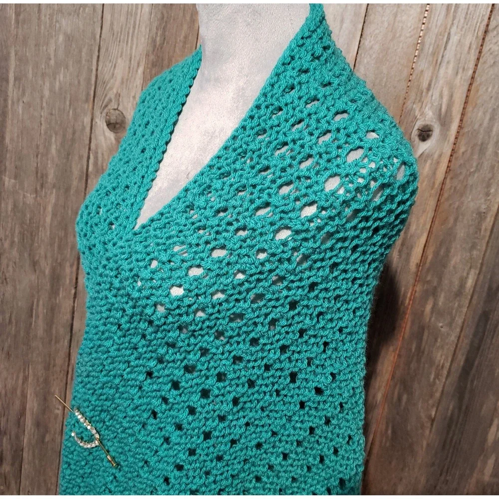 NEW Jade‎ Green Shawl Scarf Wrap Boho Eyelet Hand Knit Coastal Coquette Fairy